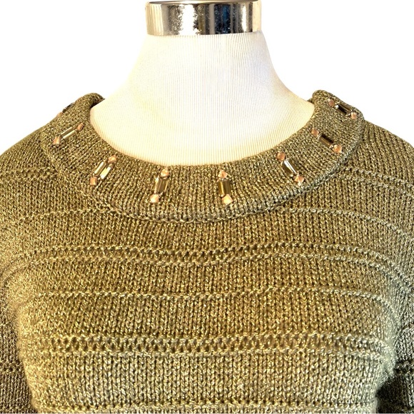 Gold Metallic Jewel Faceted Stone Neckline Sweater - Picture 3 of 14